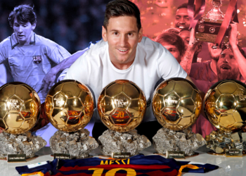 MESSI CON LOS CINCO BALONES DE ORO