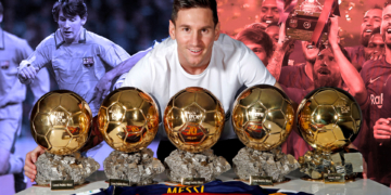 MESSI CON LOS CINCO BALONES DE ORO